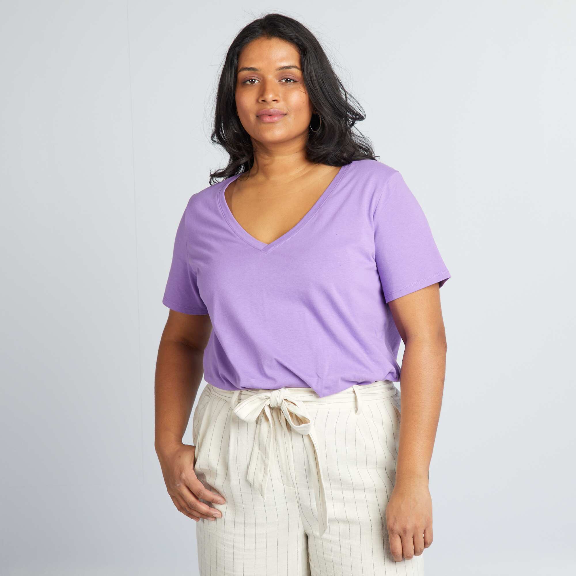 T-shirt en jersey à col V Violet